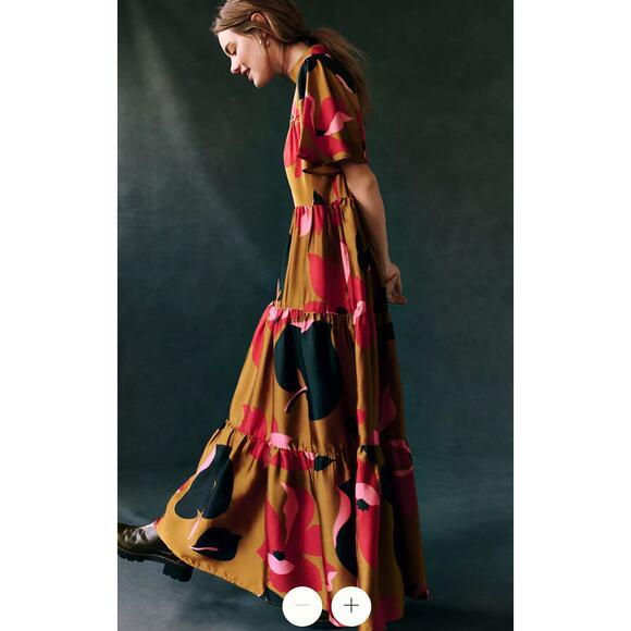 Corey Lynn Calter Gianna Floral Tiered Maxi Tan and red dress. Medium - Picture 1 of 5